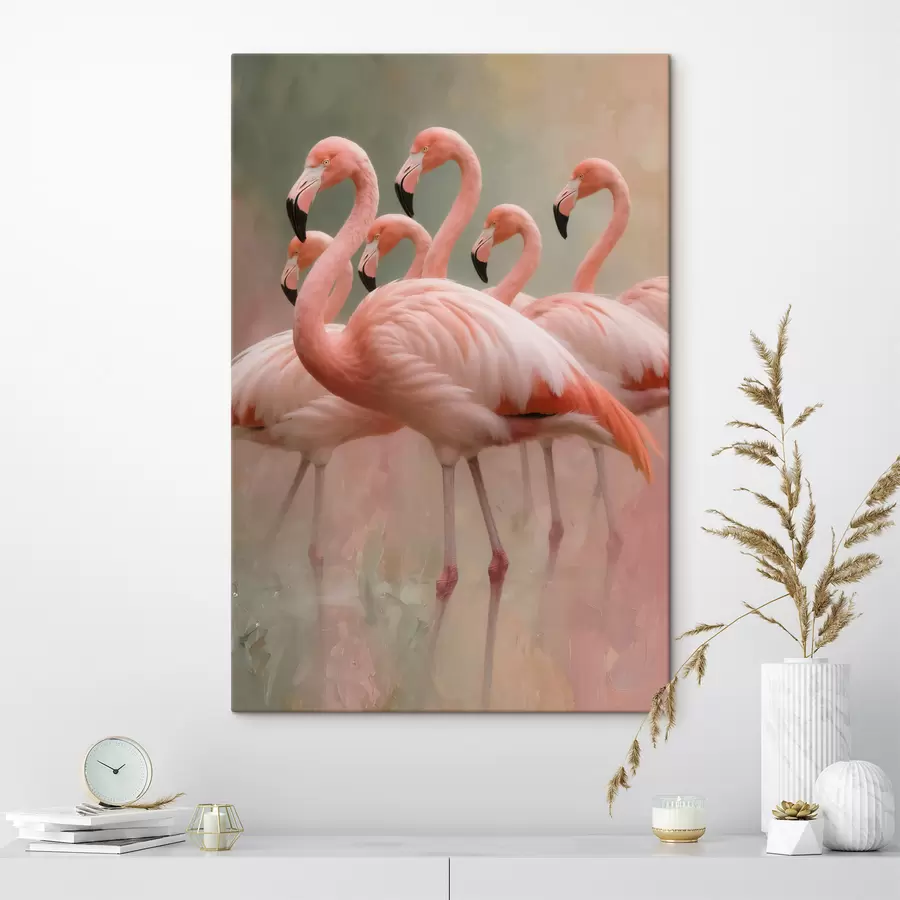 fotótapéta Egy flamingócsapat díszítő portréja kortárs festészeti stílusban s49727