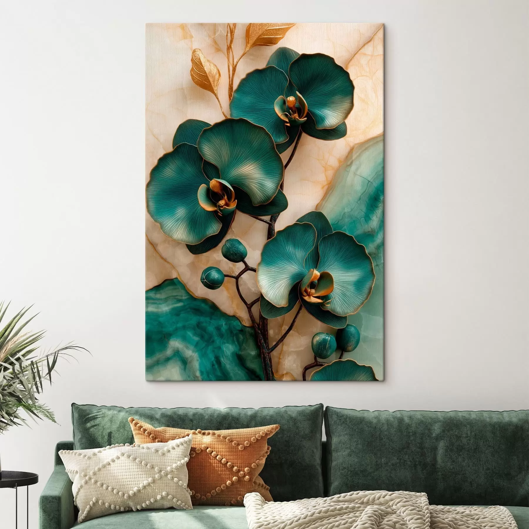 fotótapéta Türkizkék orchideák világos háttér előtt, kőszerű vizuális hatással s50456