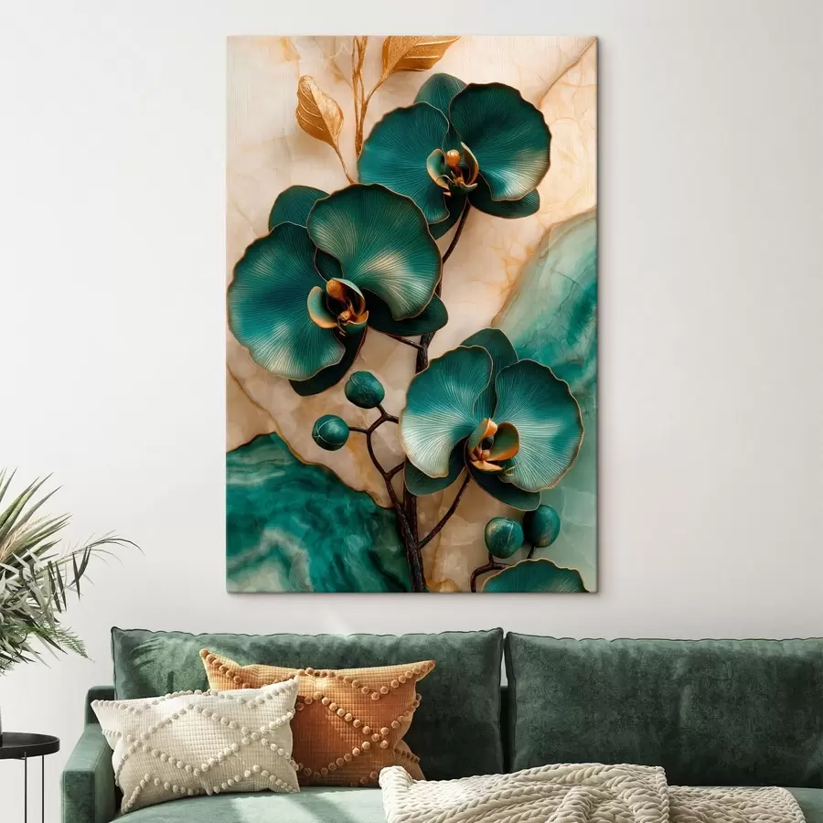 fotószőnyeg Türkizkék orchideák világos háttér előtt, kőszerű vizuális hatással s50456