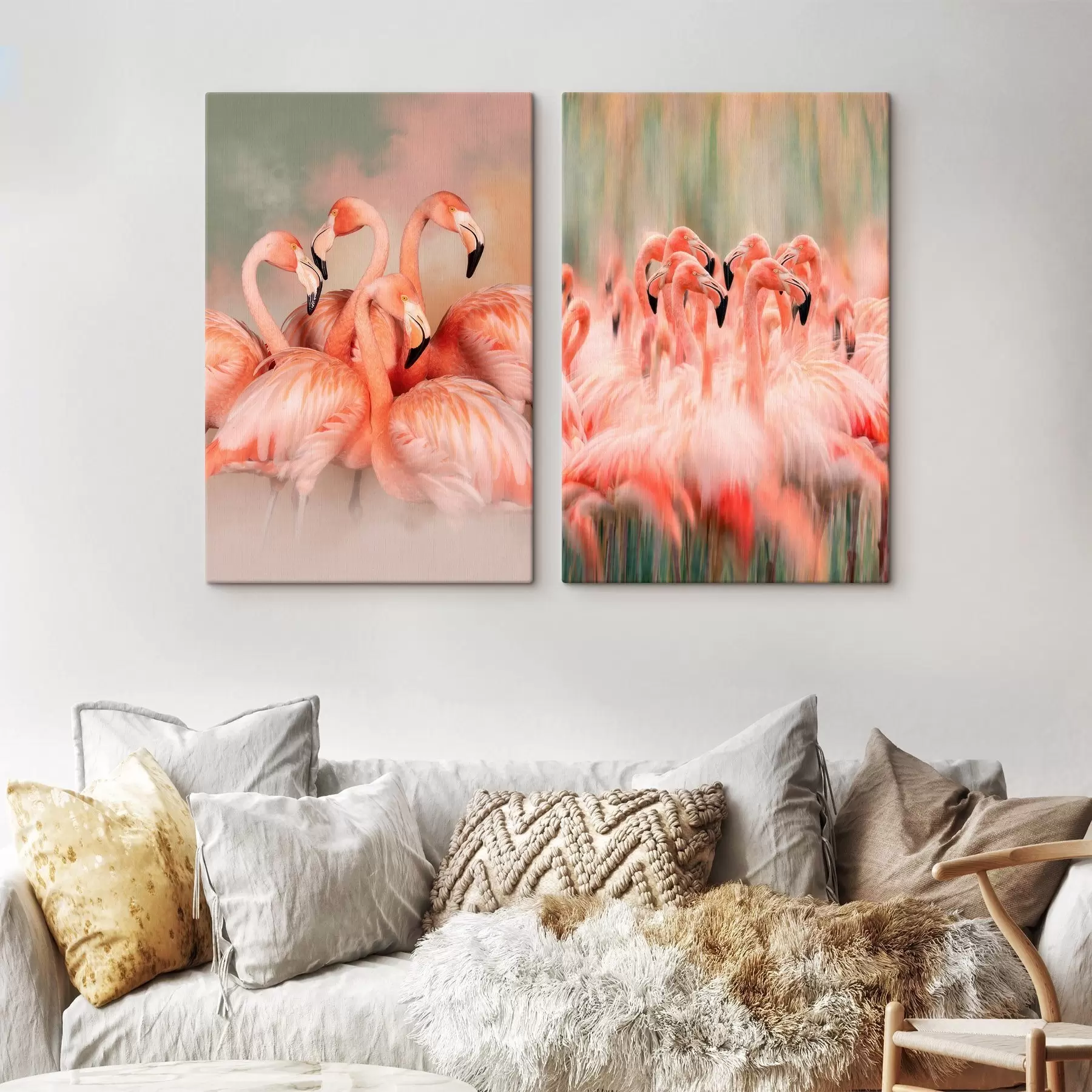 fotótapéta Művészi diptichon pasztell árnyalatú rózsaszín flamingókkal, elmosódott és ködös hatással m30763