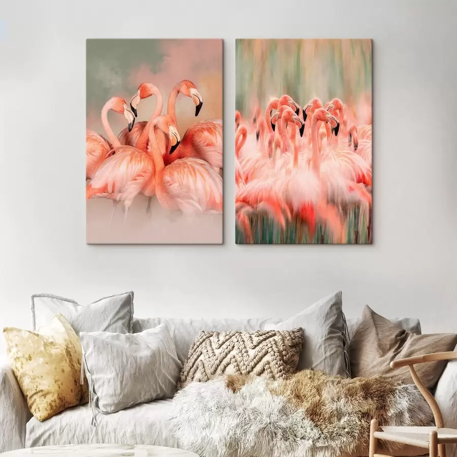 fotótapéta Művészi diptichon pasztell árnyalatú rózsaszín flamingókkal, elmosódott és ködös hatással m30763