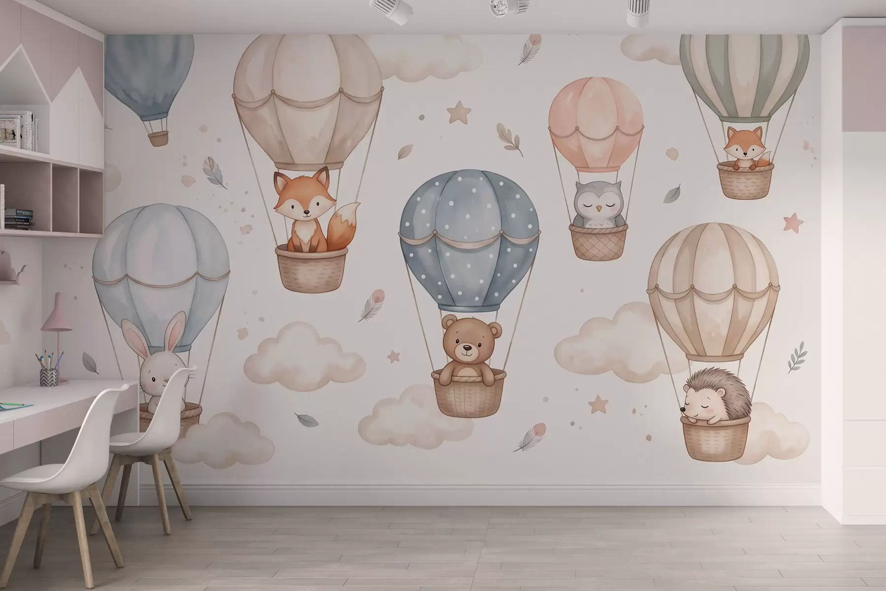 fotószőnyeg Erdőbeli állatok hőlégballonokban, akvarell stílusban, pasztell színvilágban w10001
