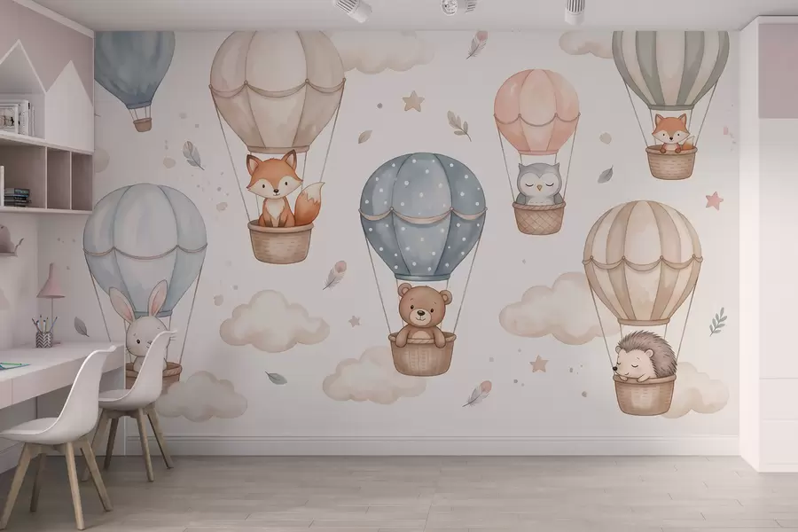 fotószőnyeg Erdőbeli állatok hőlégballonokban, akvarell stílusban, pasztell színvilágban w10001