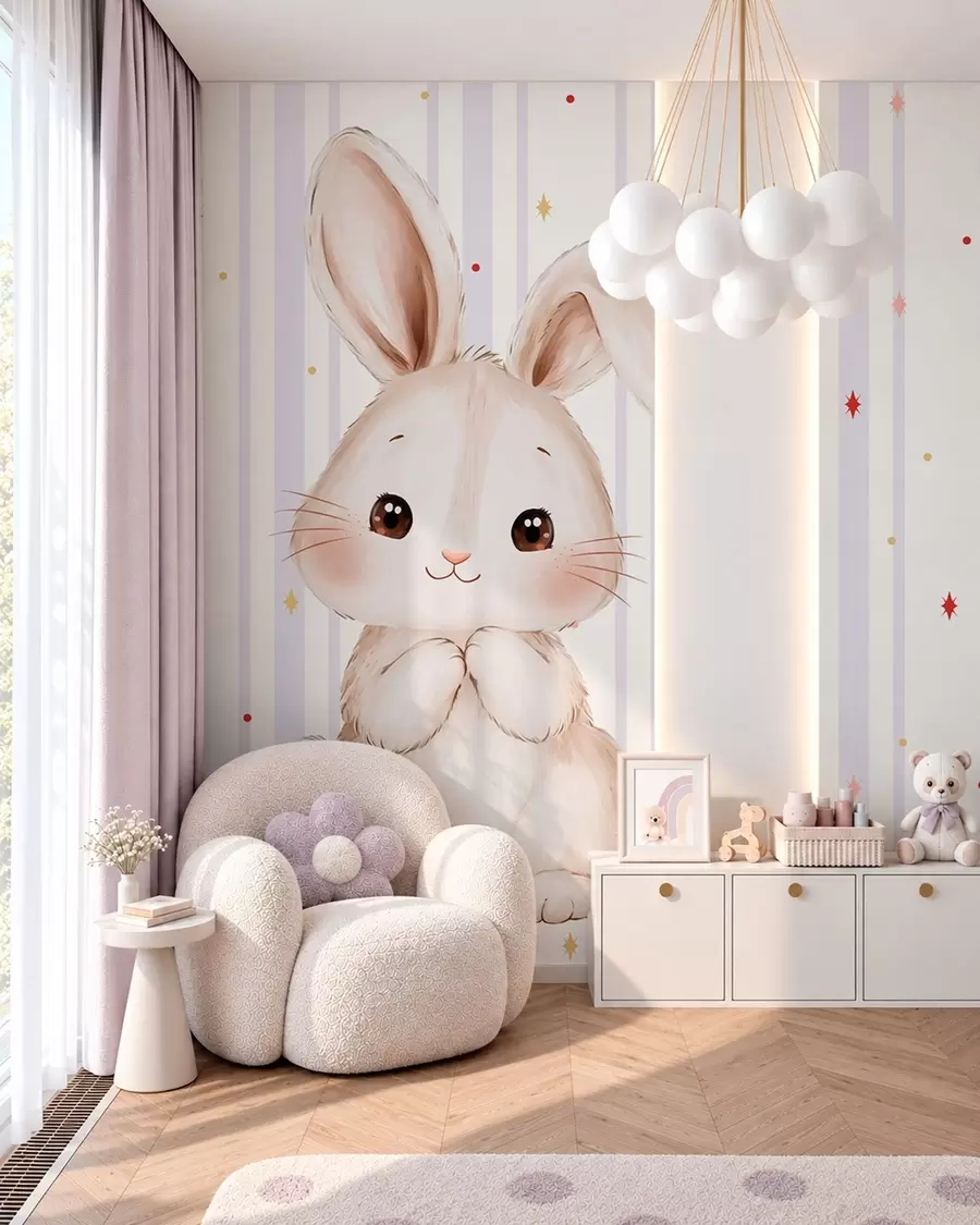 fotószőnyeg Aranyos nyuszi lila csíkok és ragyogó csillagok előtt w05920v1