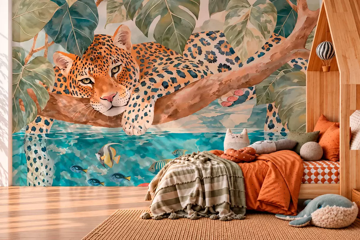 fotószőnyeg Leopárd egy víz feletti ágon, színes halakkal w05954