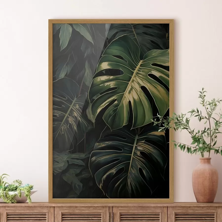 fotószőnyeg Fényes monstera-levelek a sötét trópusokon f51091