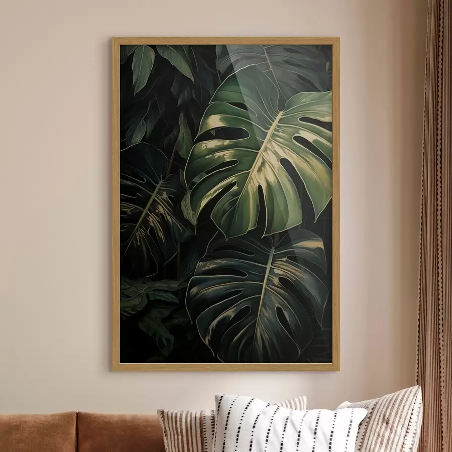 fotószőnyeg Fényes monstera-levelek a sötét trópusokon f51091