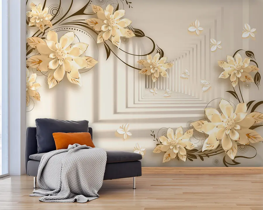 fotószőnyeg Növény, fehér és sárga, alagút pasztell árnyalatokban u21861v2