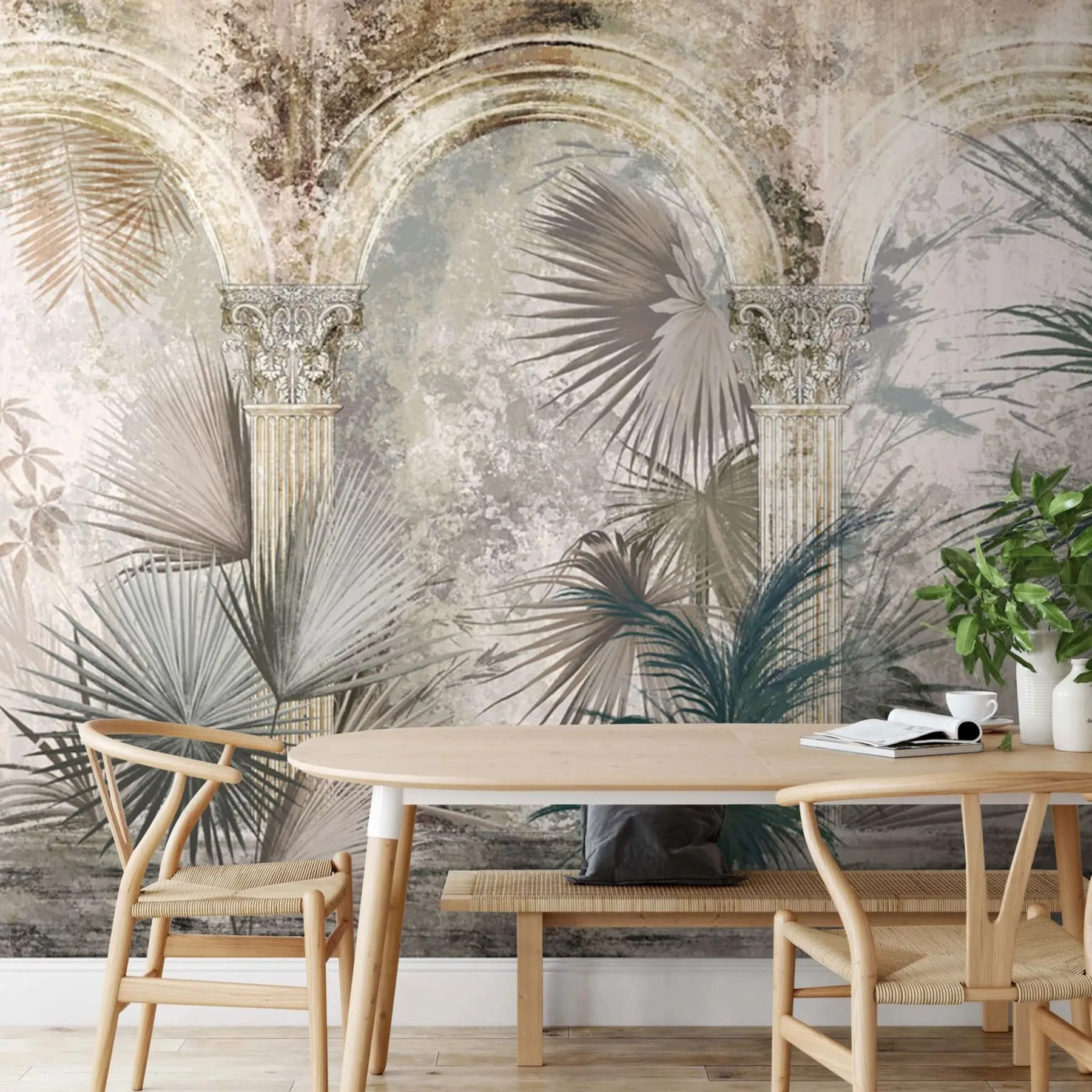 fotószőnyeg Az oszlopok között trópusi, egzotikus növények és levelek találhatók u78667