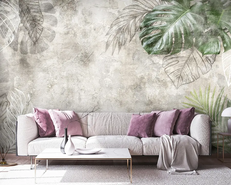 fotószőnyeg Trópusi levelek egy öreg falon u93964