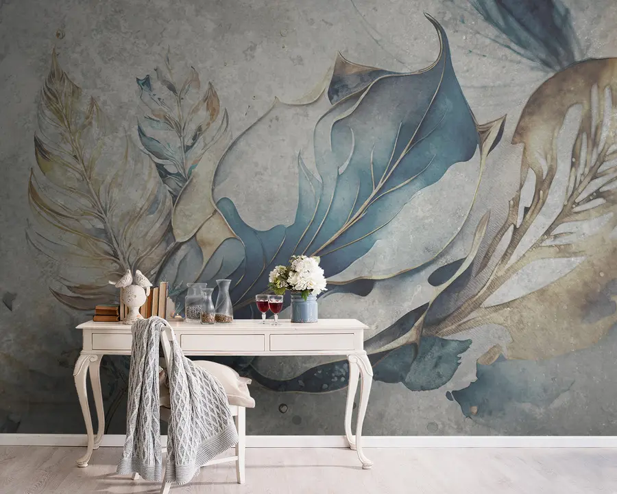 fotószőnyeg Nagy akvarell virágok egy betonfalon u93998