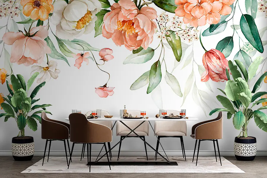 fotószőnyeg Csokor határ - zöld levelek és elpirul a rózsaszín virágok fehér alapon u94427