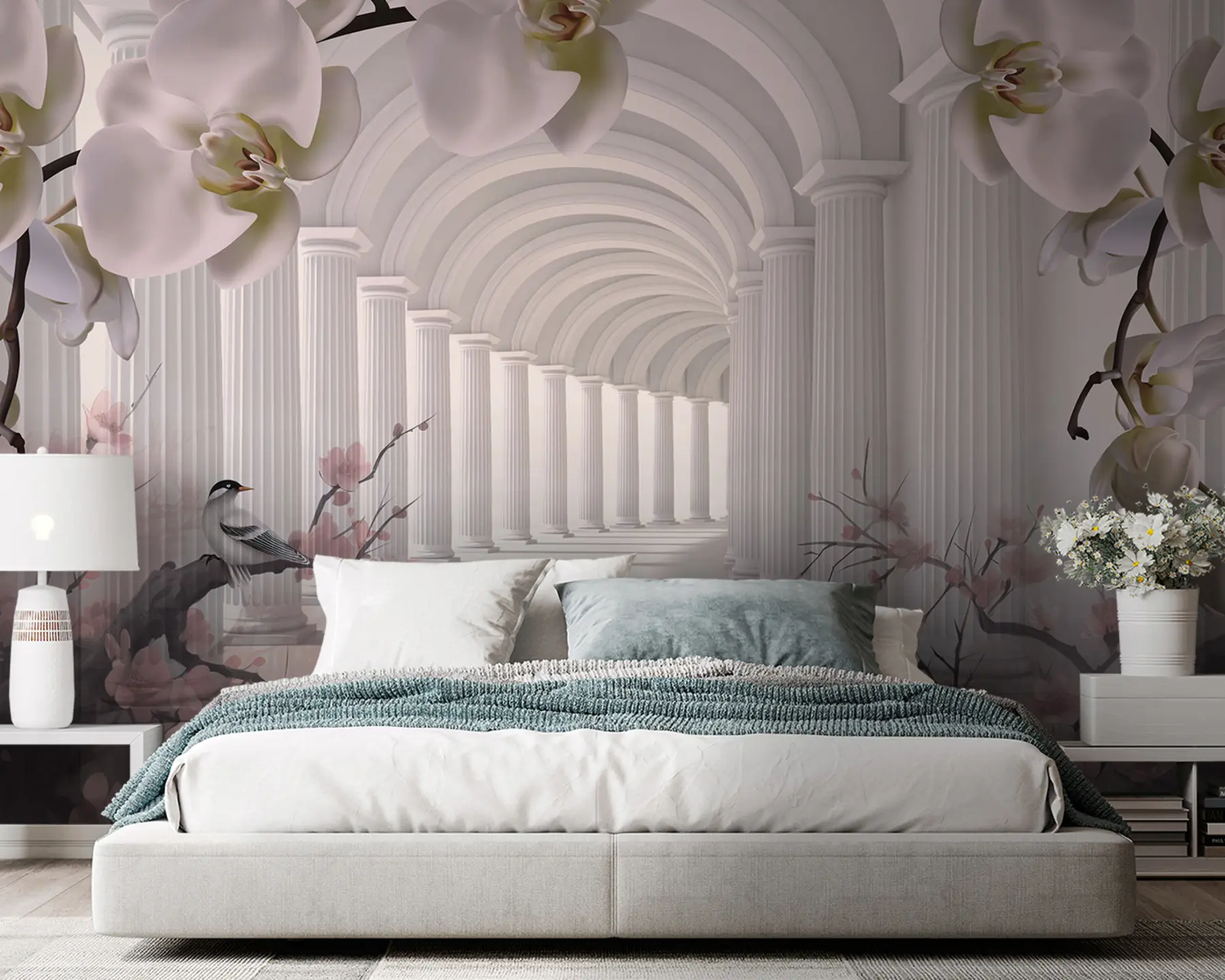 fotószőnyeg Gyönyörű alagút madarakkal és orchideákkal u94513