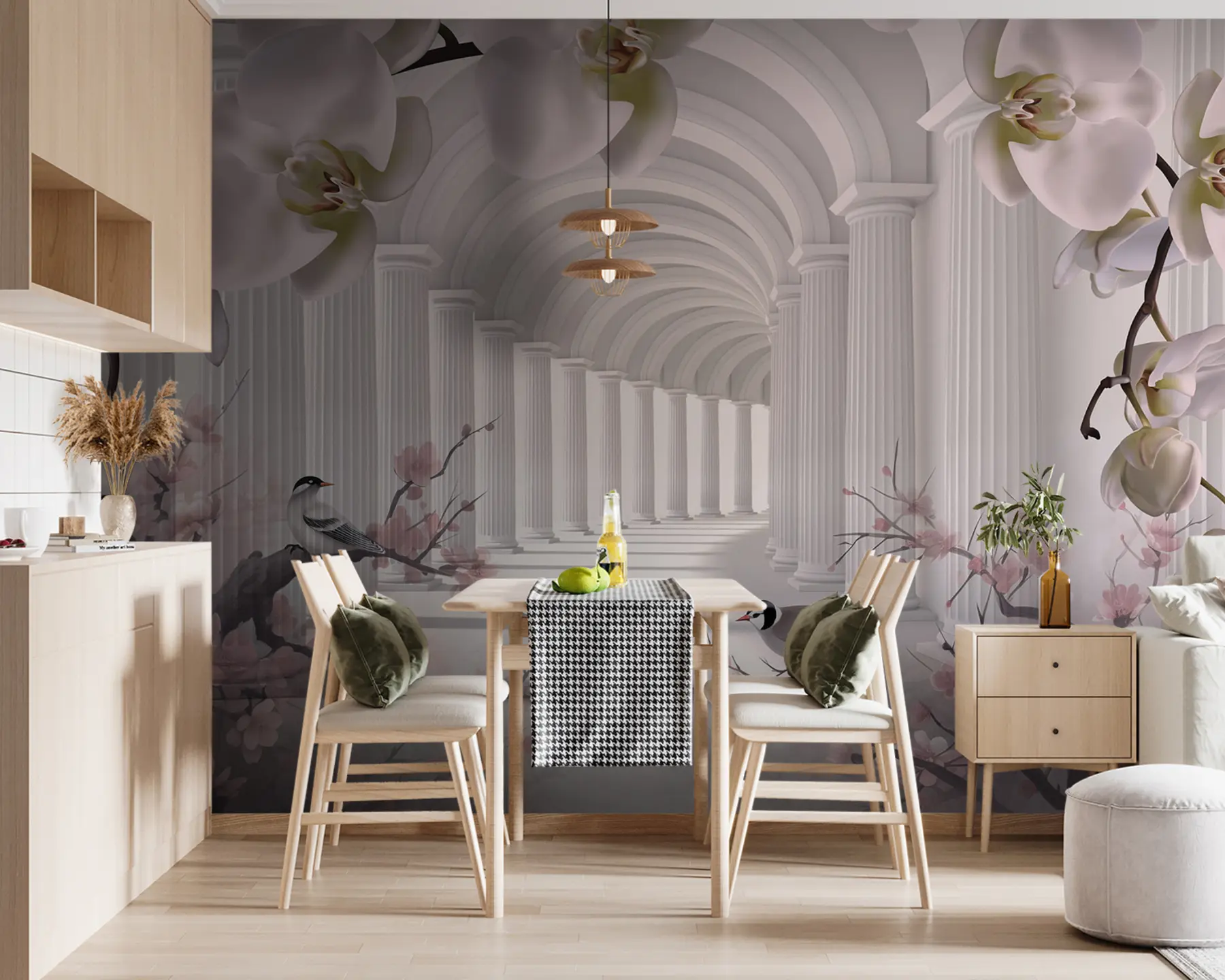 fotószőnyeg Gyönyörű alagút madarakkal és orchideákkal u94513