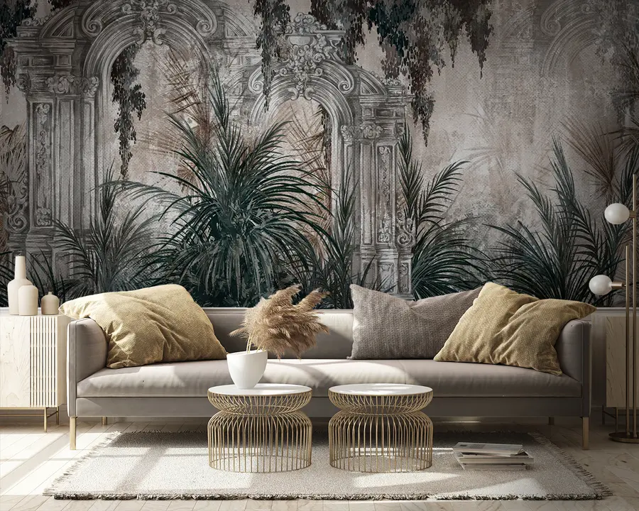 fotószőnyeg Ősi építészet trópusi levelekkel u95500