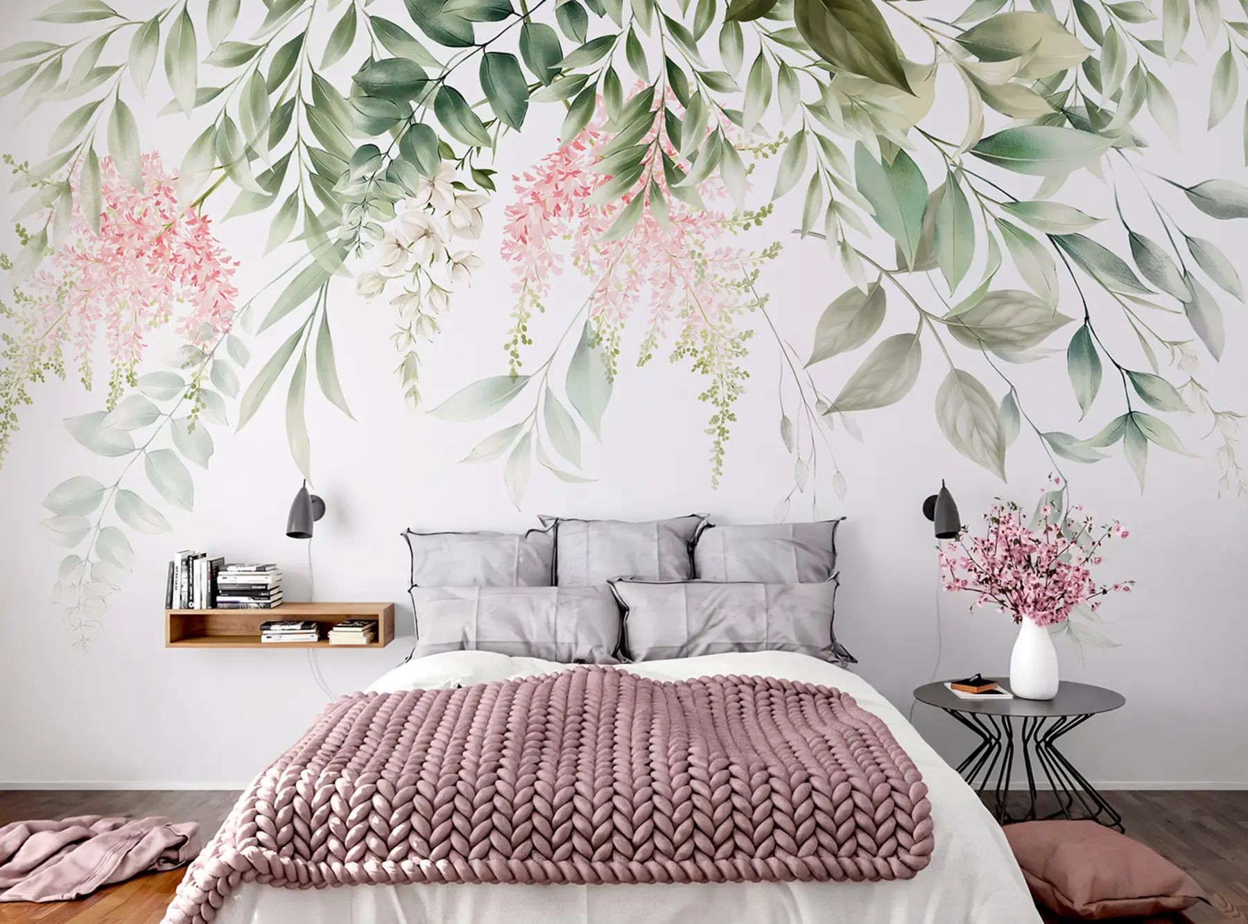 fotószőnyeg Lombozat rózsaszín virágokkal u95923