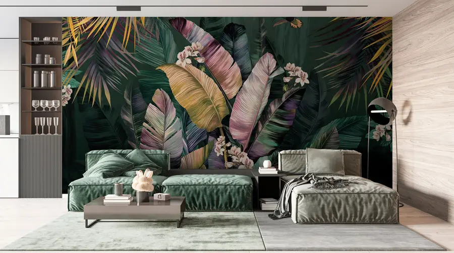 fotószőnyeg Színes banán és pálmalevél u94155