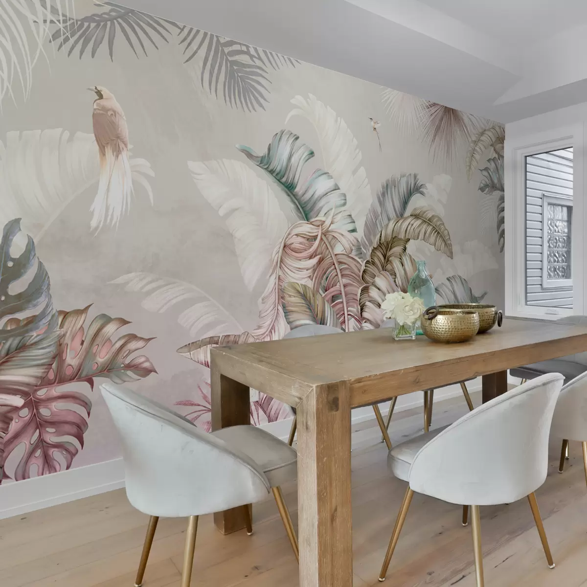 fotószőnyeg Trópusi illusztráció pálma banán levelekkel és madarakkal u96254