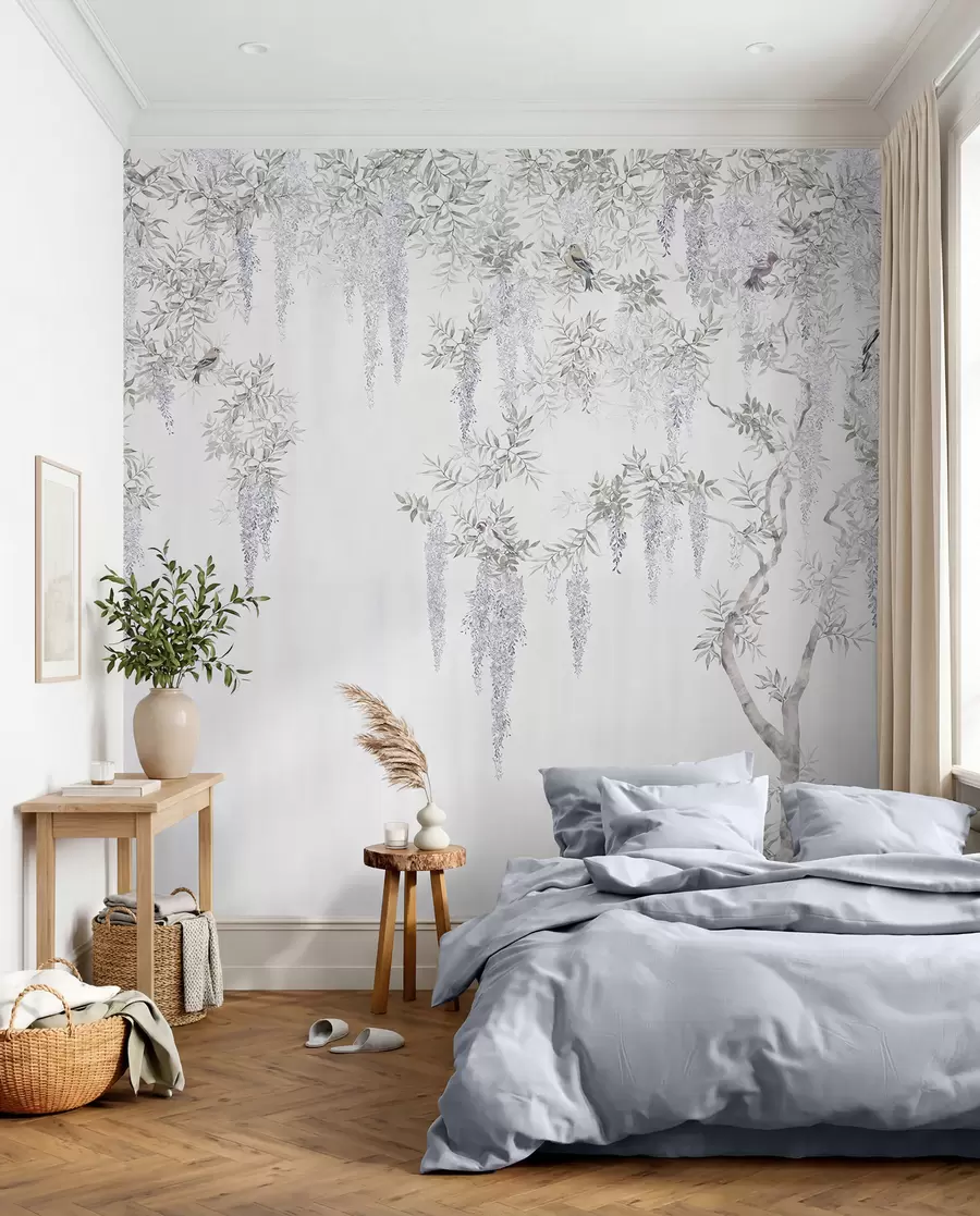 fotószőnyeg Wisteria, wisteria, minimalizmus, monokróm, loft és japán stílusú virágok u96928