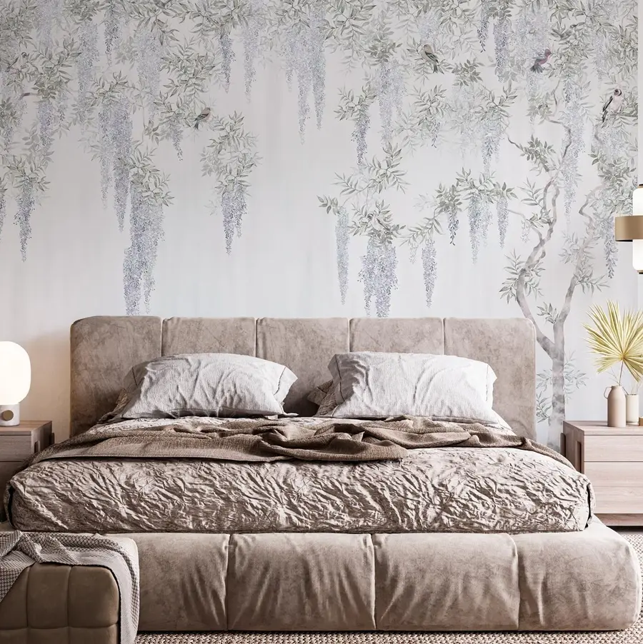 fotószőnyeg Wisteria, wisteria, minimalizmus, monokróm, loft és japán stílusú virágok u96928