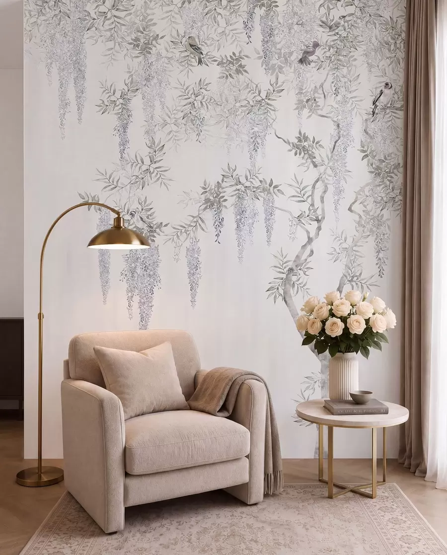 fotószőnyeg Wisteria, wisteria, minimalizmus, monokróm, loft és japán stílusú virágok u96928