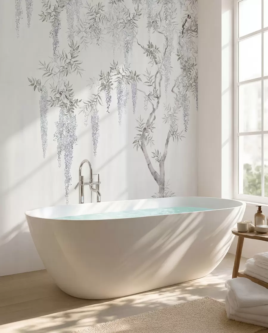 fotószőnyeg Wisteria, wisteria, minimalizmus, monokróm, loft és japán stílusú virágok u96928