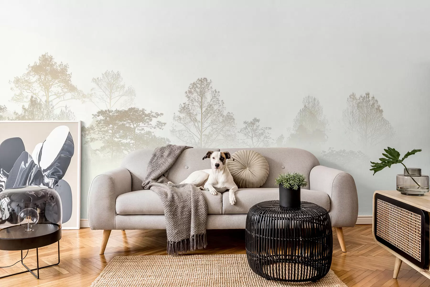 fotószőnyeg Egy liget sziluettje a sűrű fehér reggeli ködben u97405