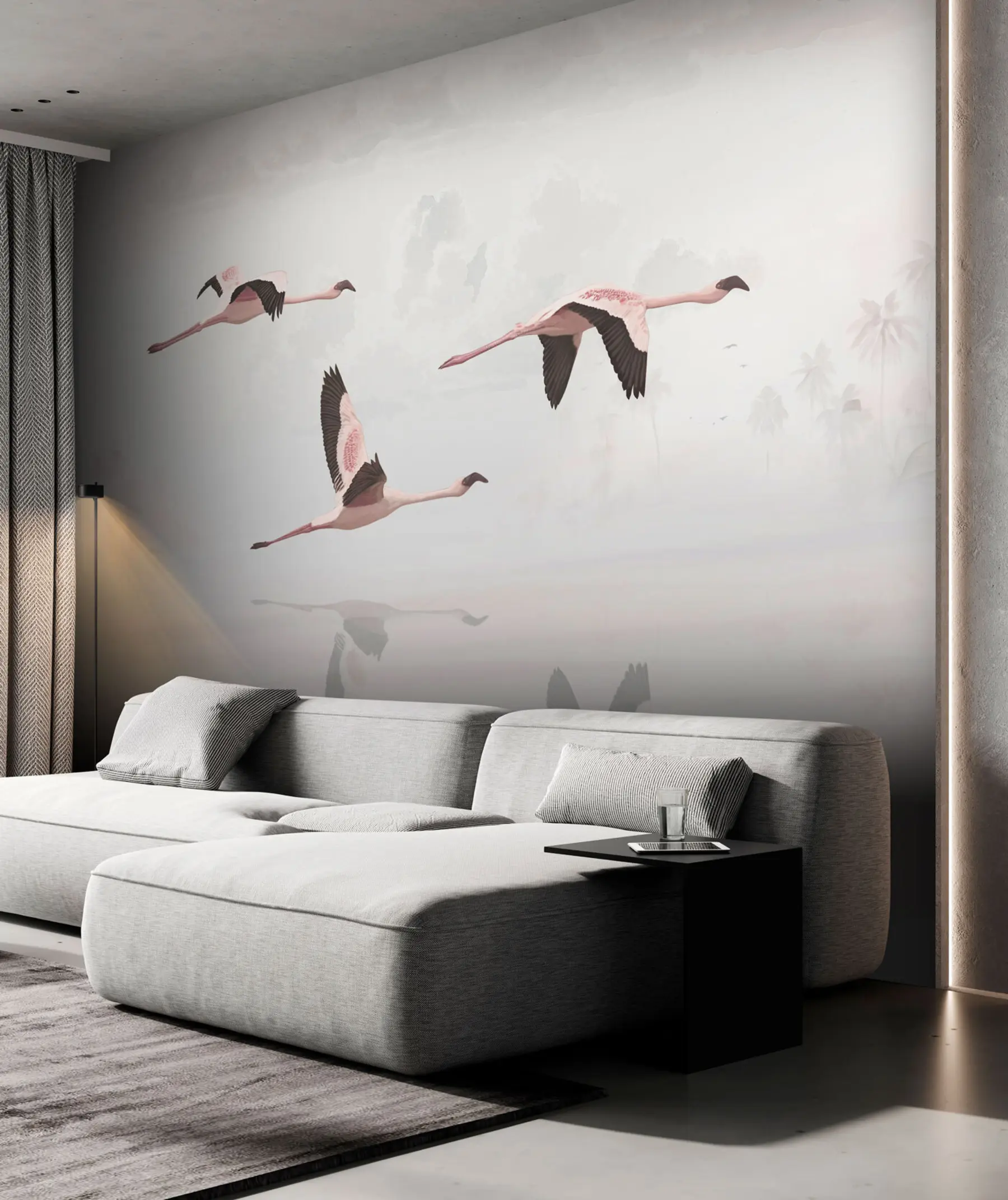 fotószőnyeg Rózsaszín flamingók a trópusi dzsungel strandja és a tenger felett u97457