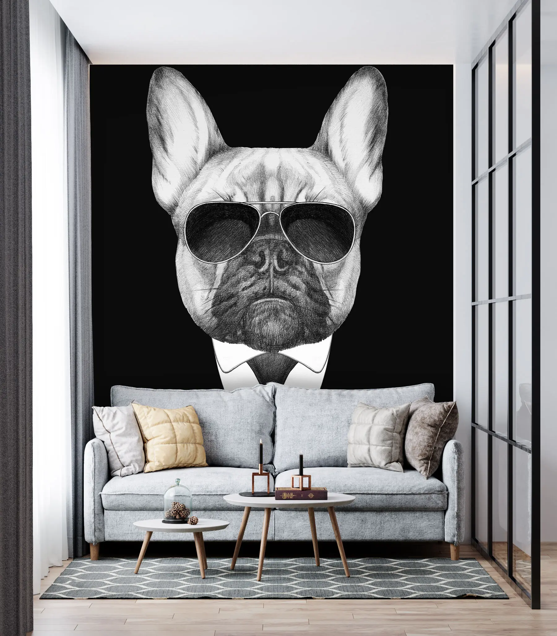 fotószőnyeg Egy francia bulldog portréja öltönyben és napszemüvegben u98183