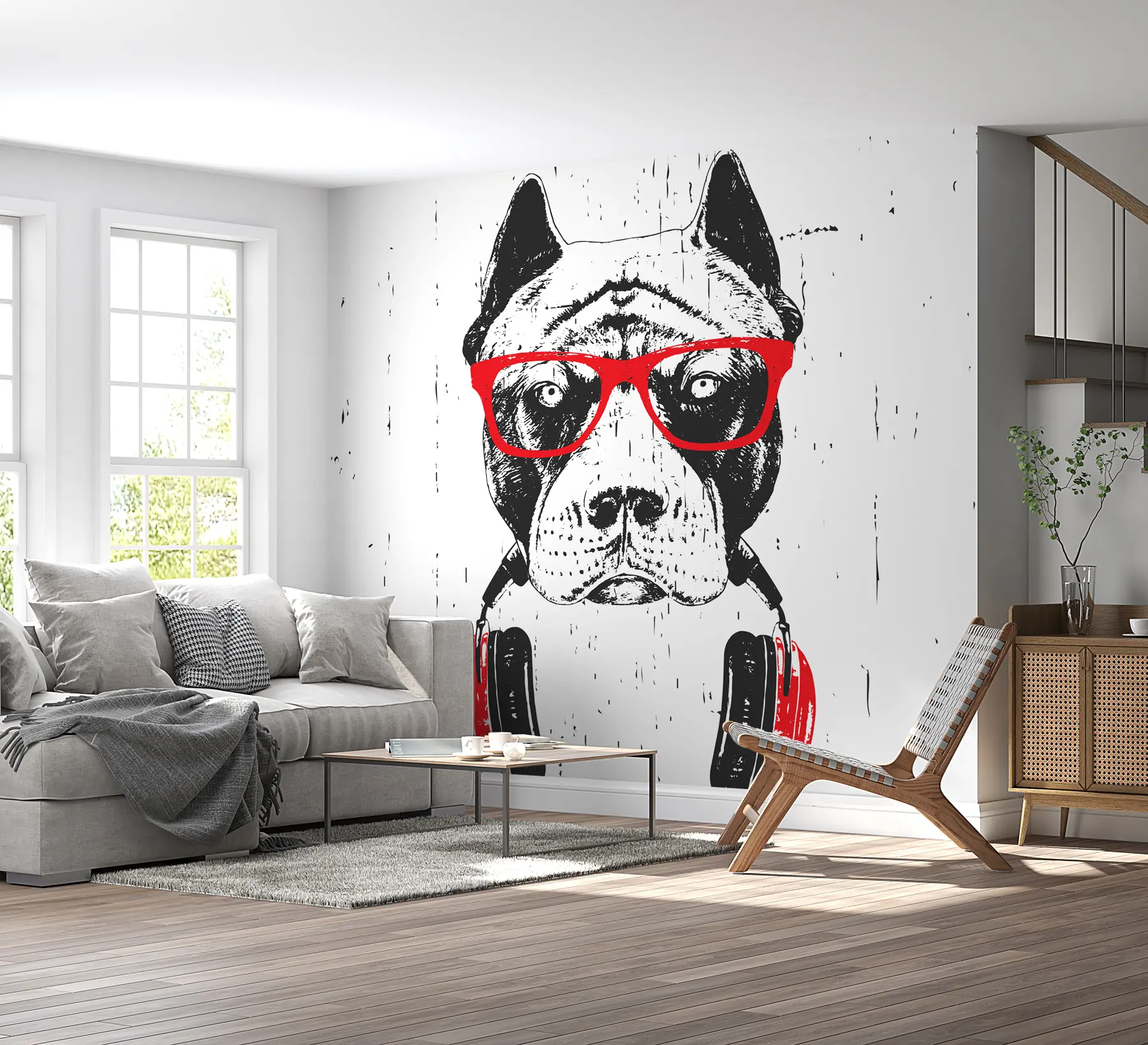 fotószőnyeg Pitbull portréja szemüvegben és fejhallgatóval u98184