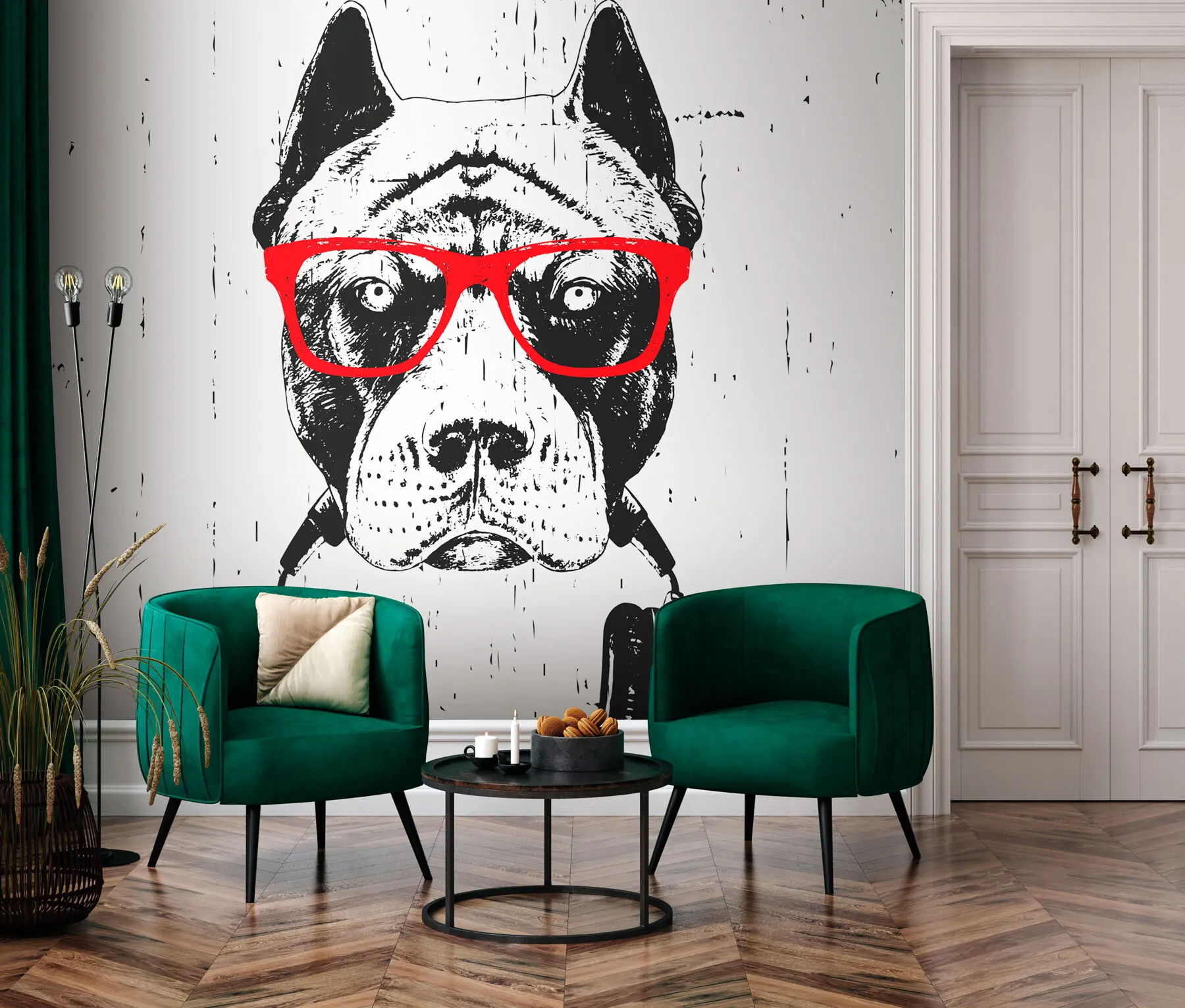 fotószőnyeg Pitbull portréja szemüvegben és fejhallgatóval u98184