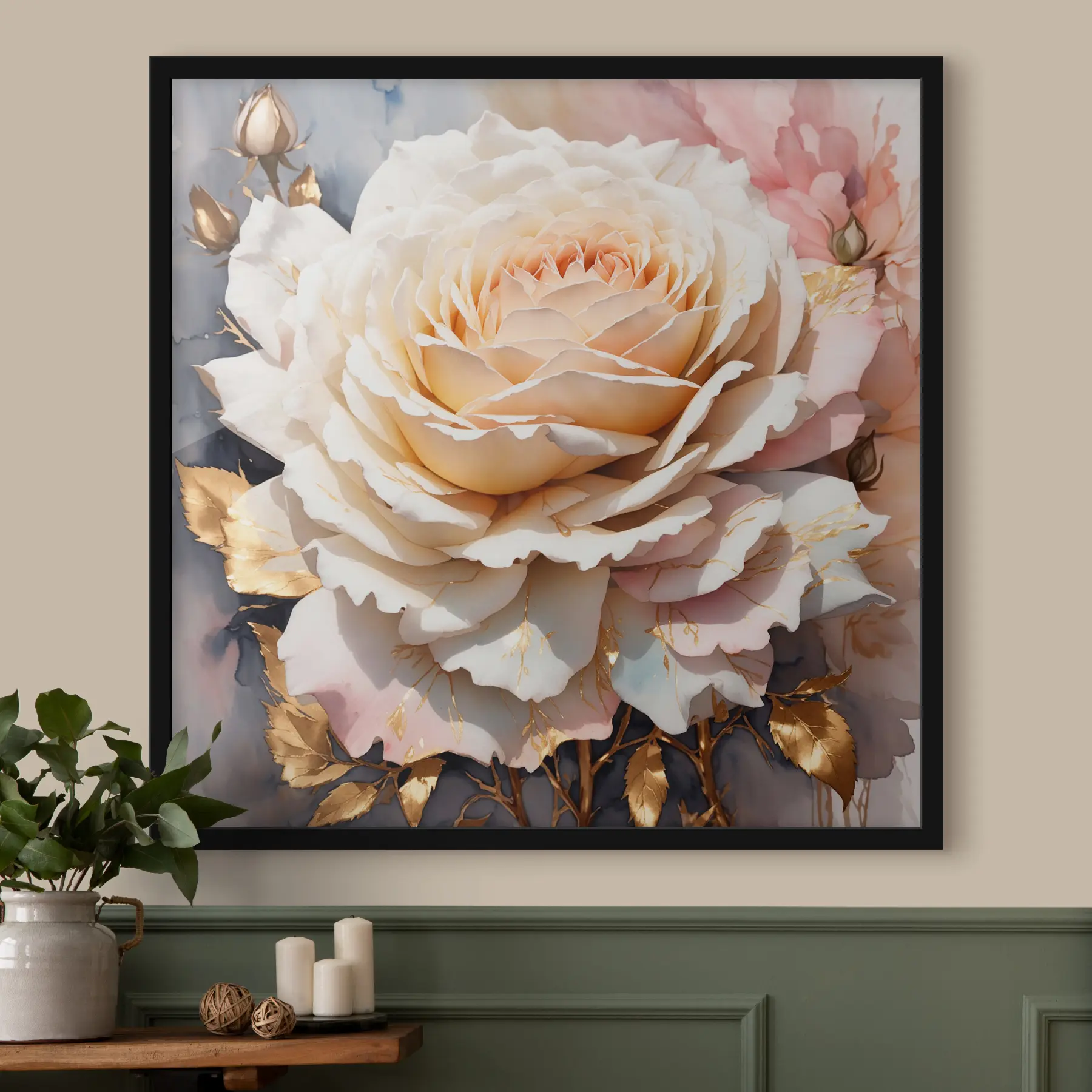 fotószőnyeg Fehér akvarell rózsa arany levelekkel f35662