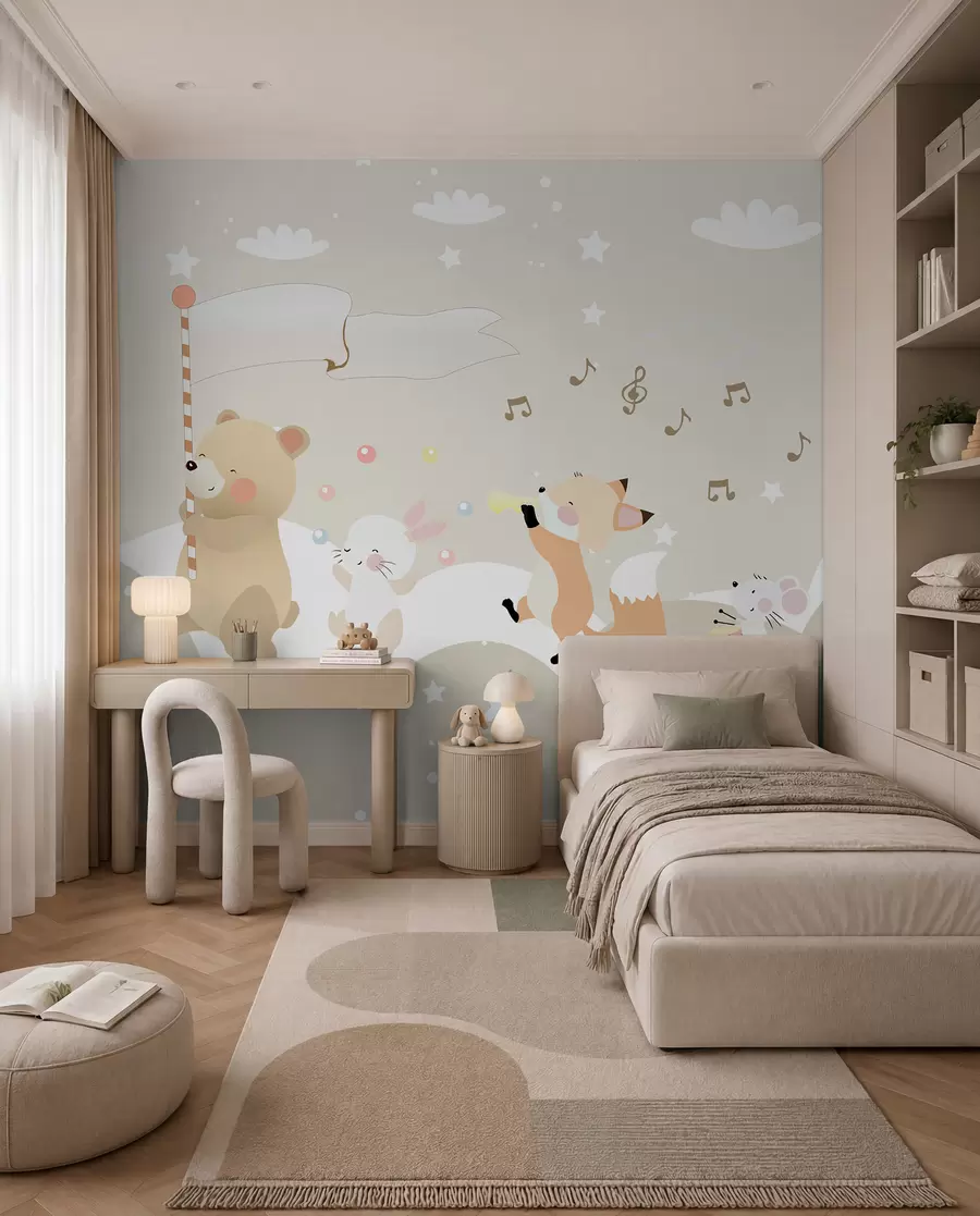 fotószőnyeg Tapéta design gyerekszobába aranyos állatokkal rózsaszín színekben u98969