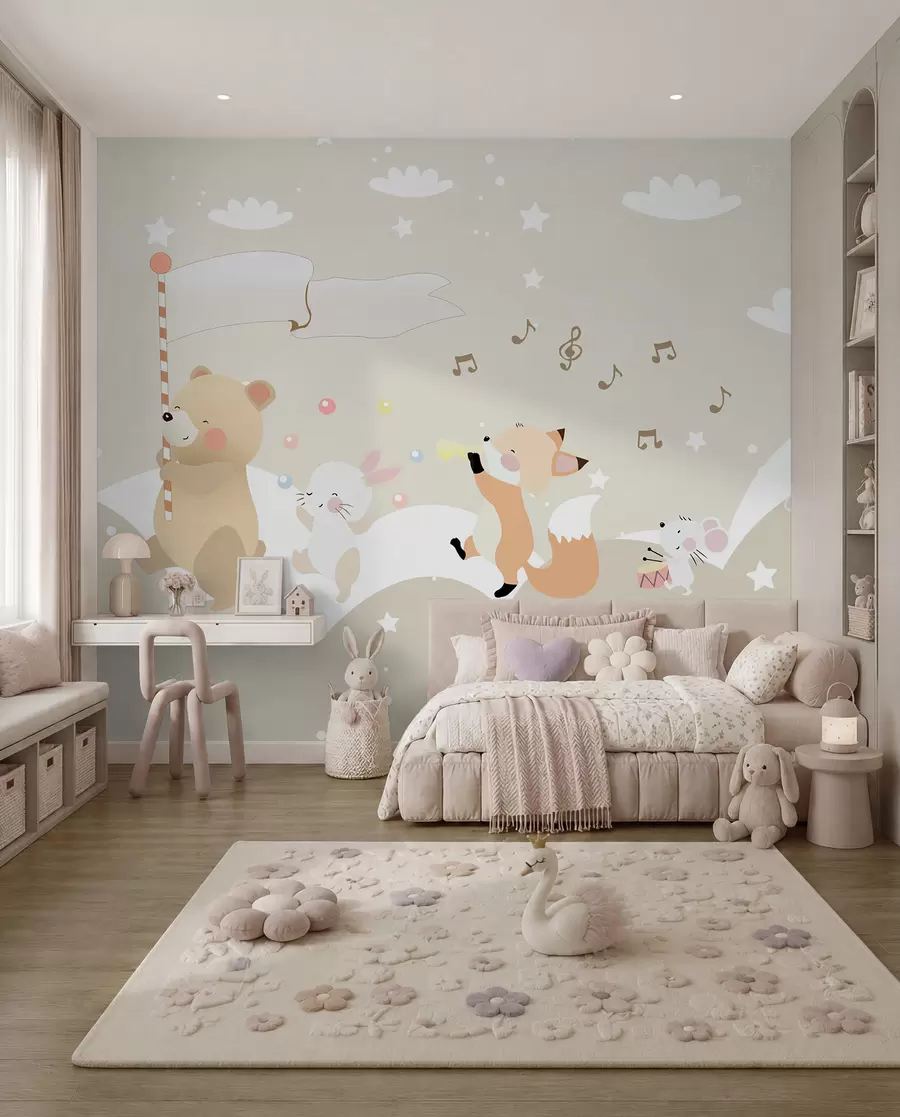 fotószőnyeg Tapéta design gyerekszobába aranyos állatokkal rózsaszín színekben u98969