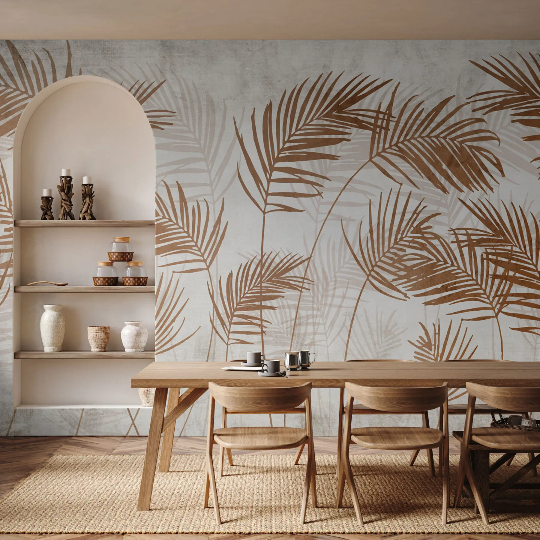 fotószőnyeg Tapéta design trópusi fák és levelek a ködös erdőben u98974