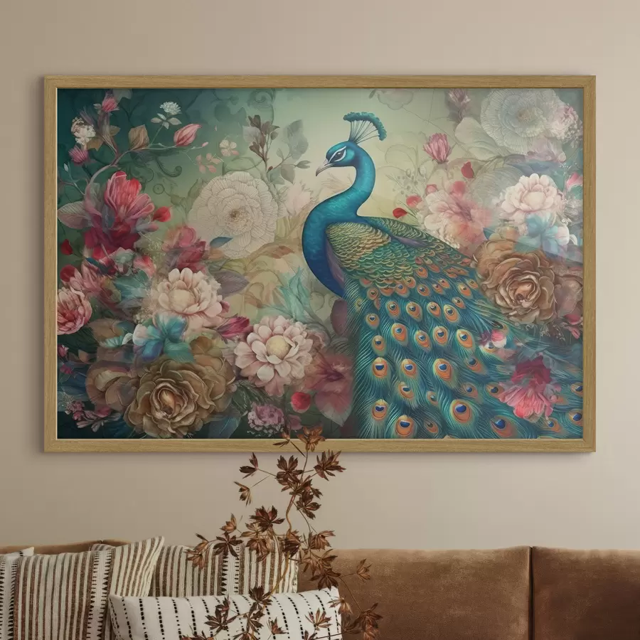 fotószőnyeg Páva virágokkal vintage stílusban f34869