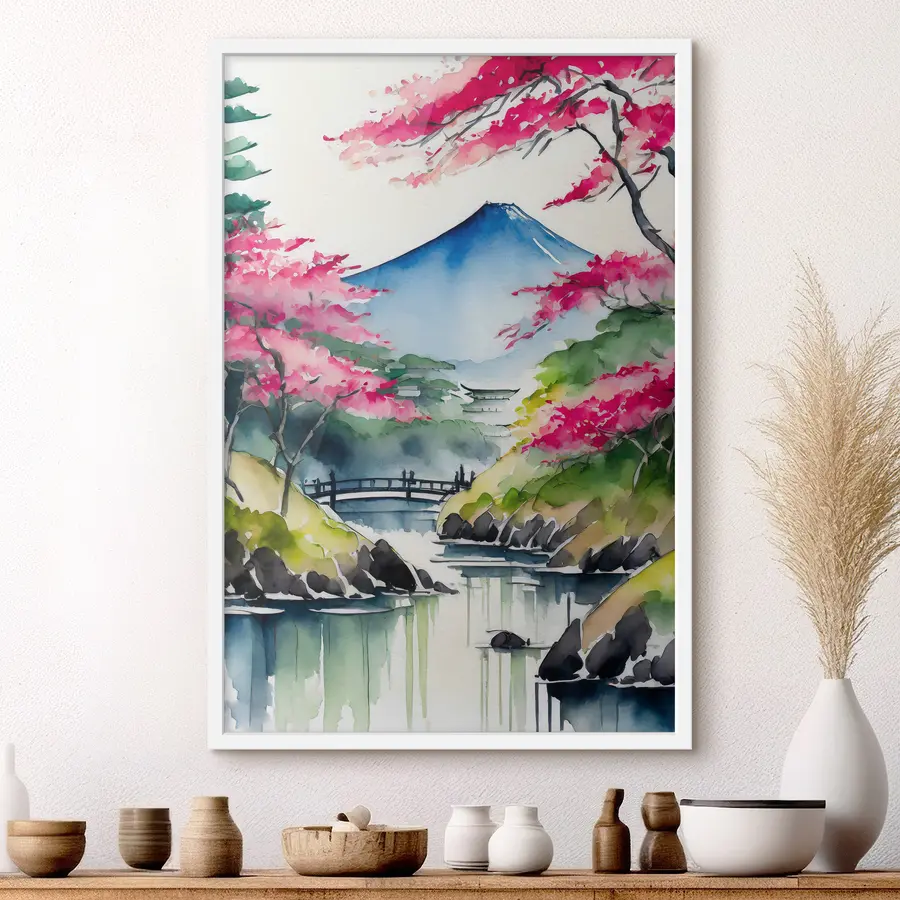 fotószőnyeg Akvarell Japán, sakura, hegyek, hegyek f36691
