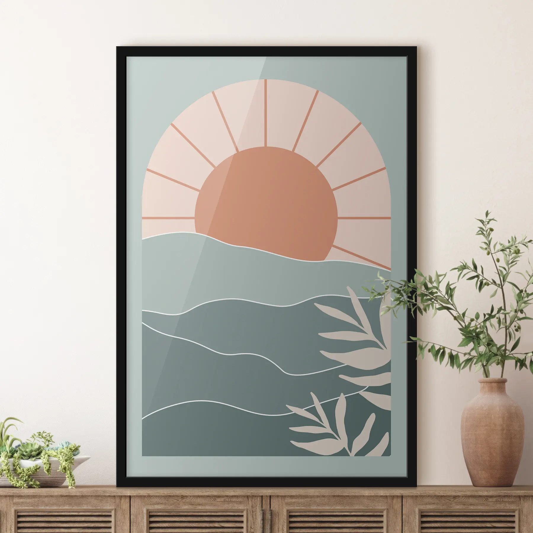 fotószőnyeg Absztrakt naplemente, geometrikus természet, boho stílus, zöld, narancssárga f37134