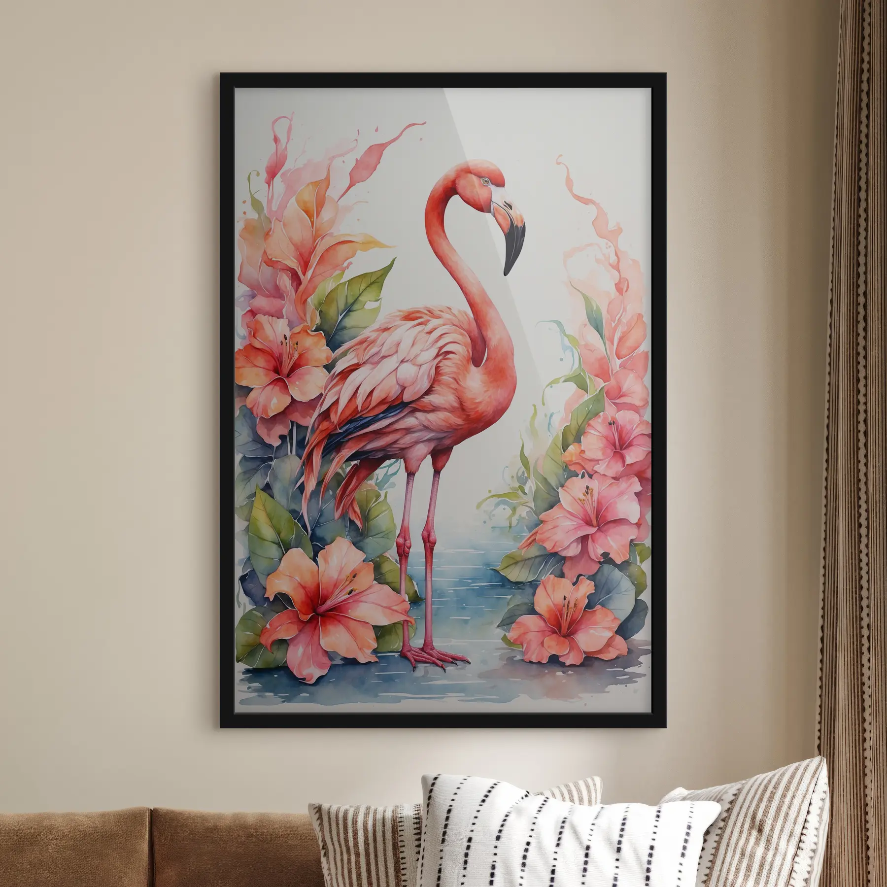 fotószőnyeg Flamingó virágokkal akvarellben f37125